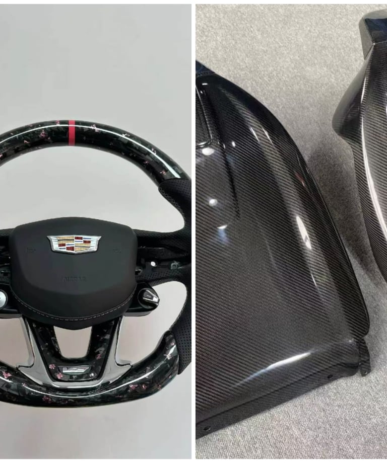 Custom carbon fiber steering wheel and matching interior trim components for luxury car upgrades.
