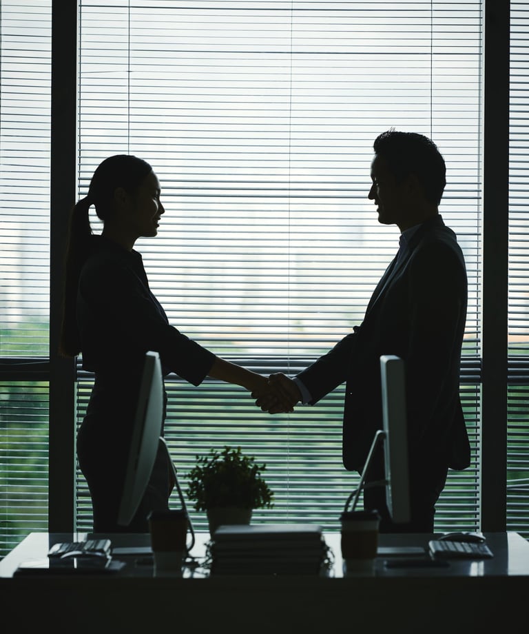 The shadows of a businessman and businesswoman shaking hands to close a deal in a dark, elegant office atmosphere