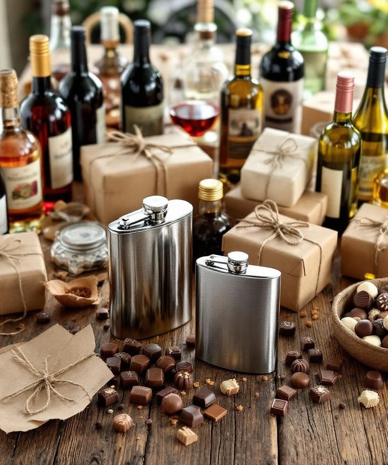 Mesa con vinos tintos, vinos rosados y licoreras sobre cubierta de madera con chocolates