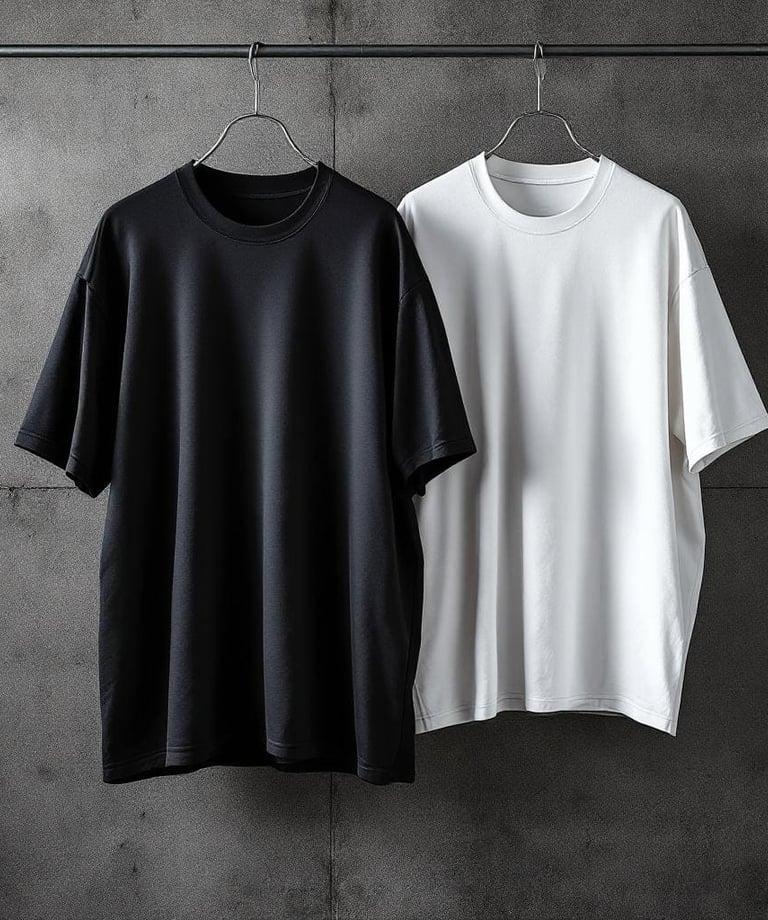 playera negra y playera blanca corte regular colgadas en gancho con pared de microcemento