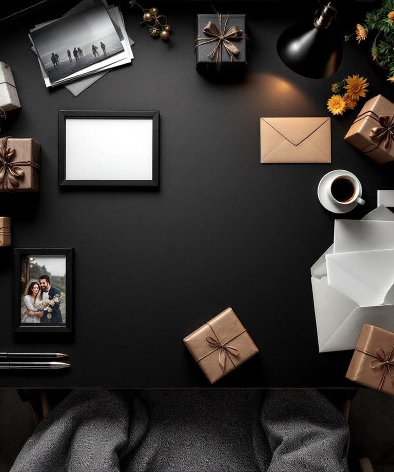 encimera negra con marcos para fotos, fotografías y regalos personalizados variados