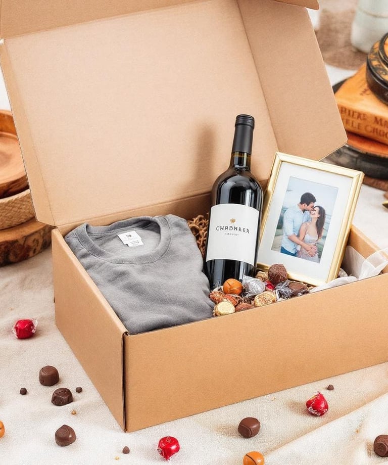 Cajas de regalo, sorpresas, vino, playera, marco para foto, chocolates, regalos personalizados