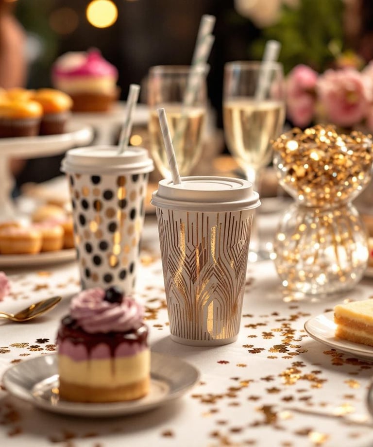 mesa con vasos decorados, vasos cafeteros, festejo, mesa de dulces, vasos con popote, colores dorado