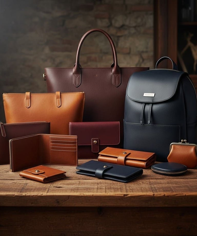 Bolsas, carteras y carterones de piel de res y de borrego en diversos colores y texturas