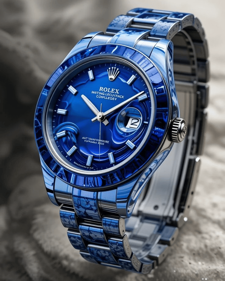 Luxury blue Rolex Datejust watch featuring a custom marble pattern dial and blue ceramic bracelet.