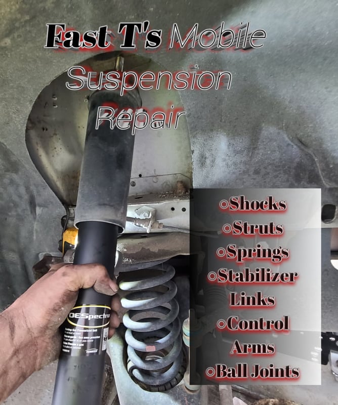 Our Mechanics arm lifting a strut into place with text that says-Fast T's Suspension Repair