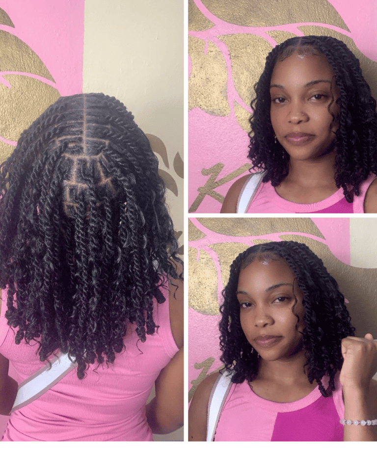 invisible locs twist with curls, done at Kwik Fingaz Beauty Salon in Montego Bay.
