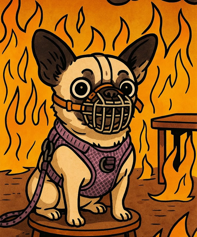 Lustiges Comic Bild von Mels Hund der einen Maulkorb trägt