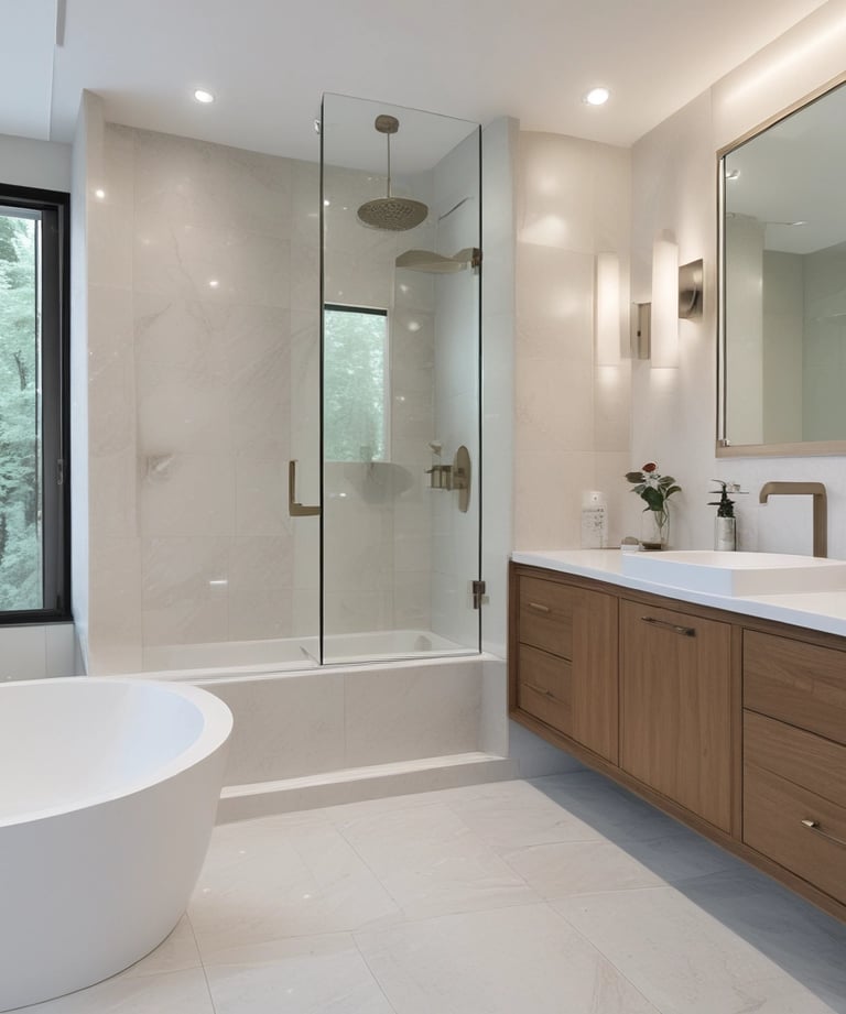 A room under renovation with construction materials scattered on the floor. There's a large window letting in sunlight and providing a view of a lush garden outside. Various tools and boxes are on a workbench, and insulation material is piled on the left.