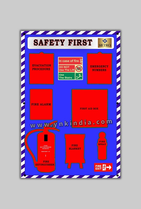 Fire safety shadow board in factory setting with fire alarm and safety protocols