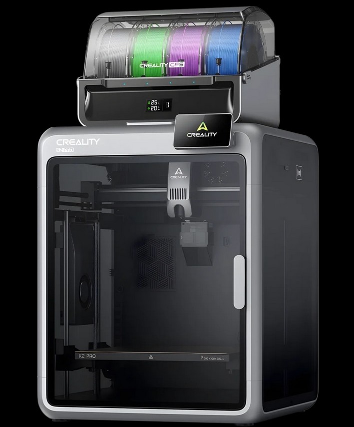 Creality K2 Plus 3D printer with CFS multi-color filament system and four spools.