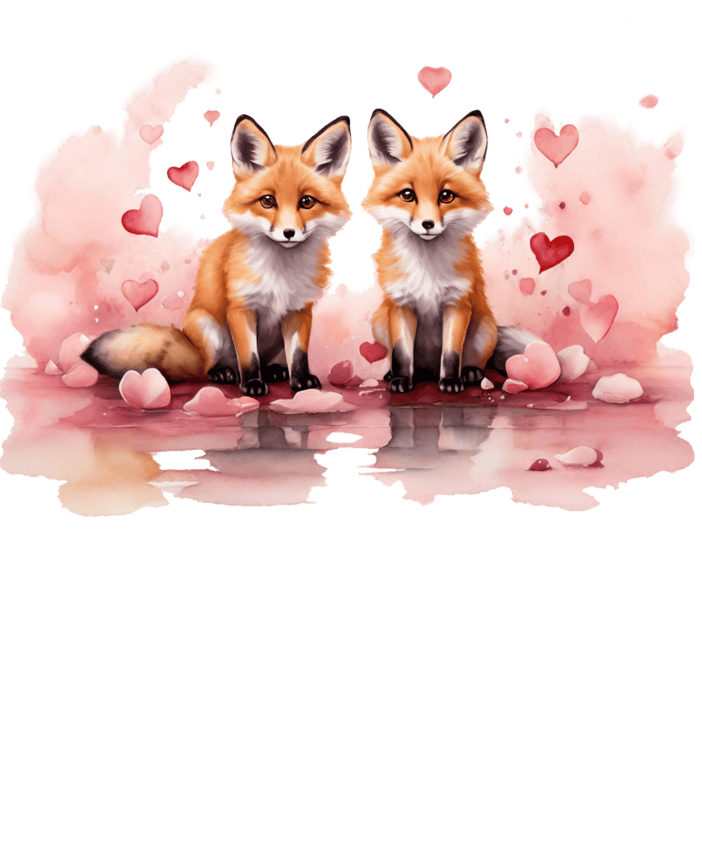 two foxes sitting on a cloud with hearts