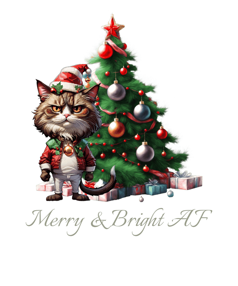 a cat sitting on a christmas tree with presents