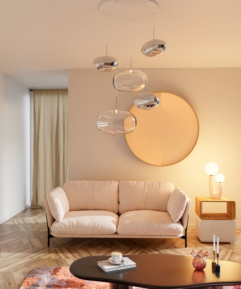 Rendu 3D photoréaliste d’un salon minimaliste avec canapé beige, suspension design en verre chromé et ambiance chaleureuse.