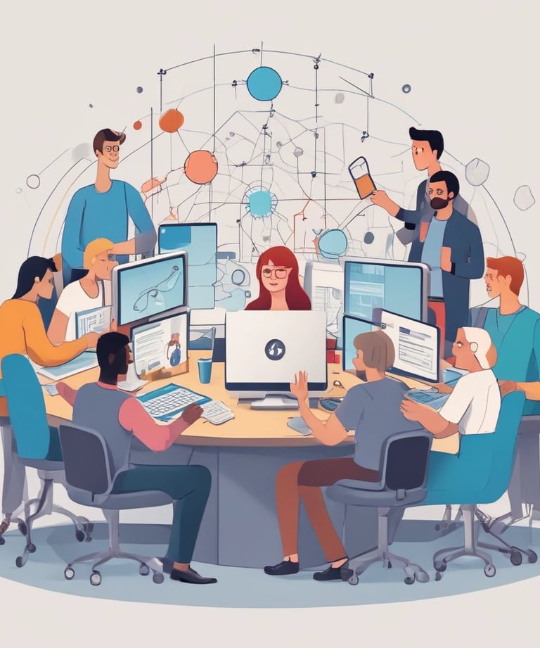 A humanoid robot with large, expressive eyes stands prominently, capturing attention in a tech event setting. People in business attire are visible in the background, engaged in conversation and examining displays. The scene is vibrant with a backdrop that features the phrase 'Connected All Over Europe' in bold pink lettering.