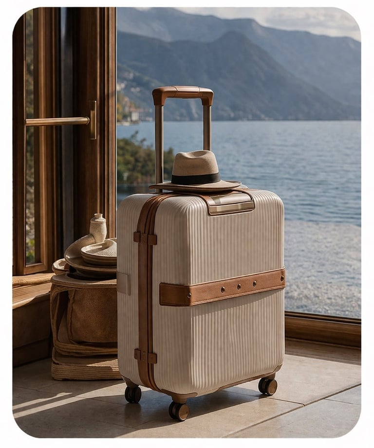 Luxury suitcase by window overlooking coastal landscape.