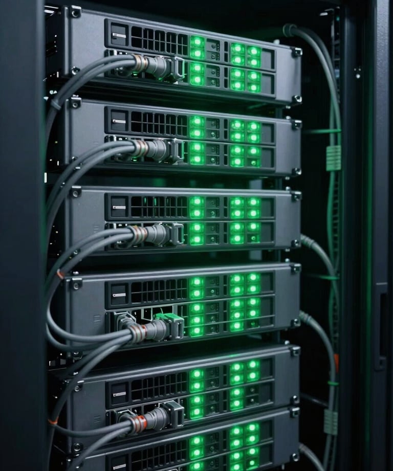 Crisp industrial photography, close-up of a perfectly organized server rack with green LED lights, structured cabling bundled with technical precision, dark graphite tone, 35mm