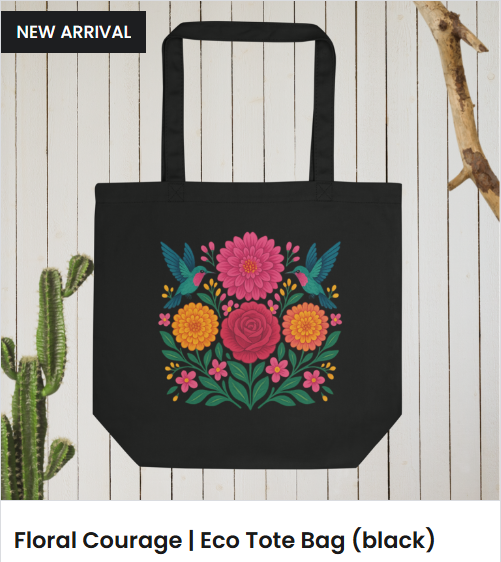 Floral eco tote bag black with pink flowers and hummingbirds