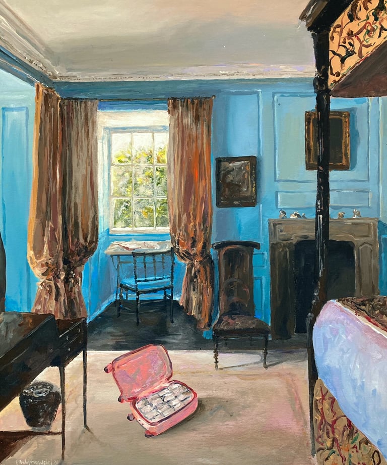 a painting of a bedroom with a suitcase full of white powder