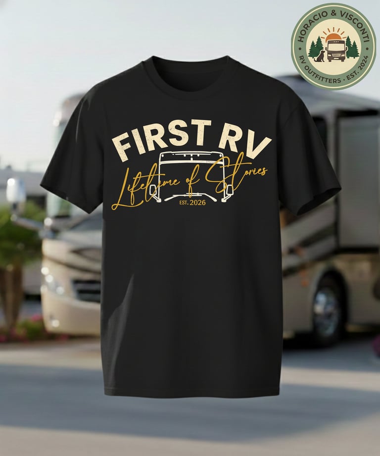 Black graphic t-shirt featuring a First RV Lifetime of Stories design for camping enthusiasts.