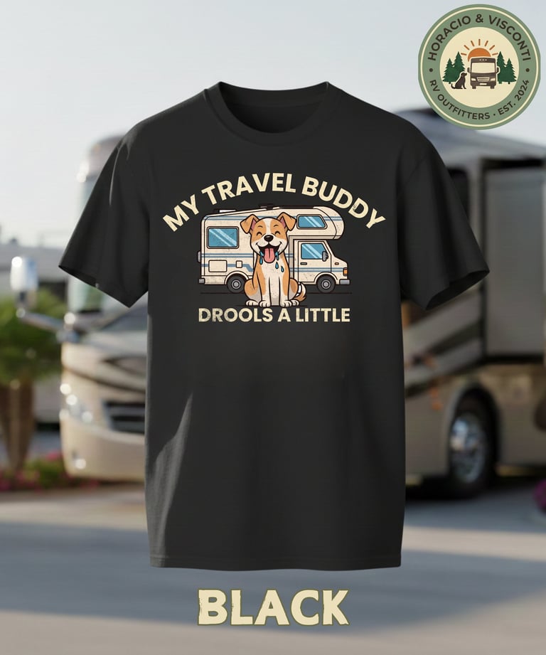 Black graphic t-shirt featuring a cartoon dog and RV with the text My Travel Buddy Drools A Little.