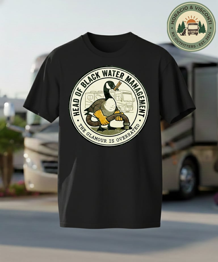 Funny black RV t-shirt featuring a Canada goose holding a sewer hose for black water management.