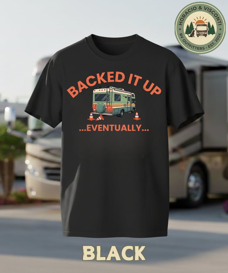 Black comfort Colors t-shirt featuring a vintage RV graphic and funny Backed It Up Eventually text.