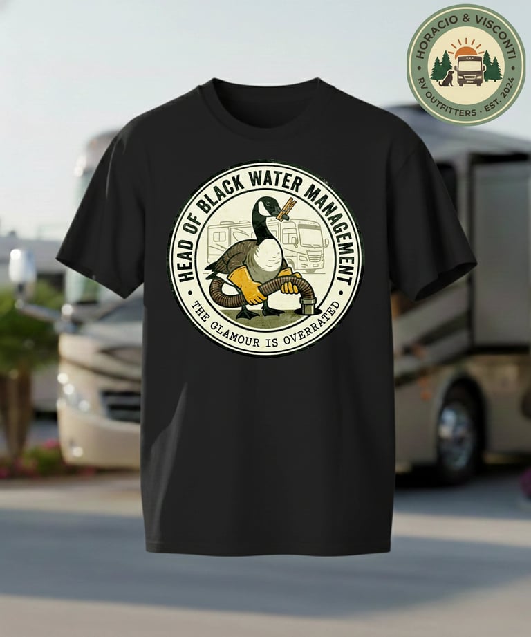 Funny RV t-shirt featuring a goose holding a black water sewer hose with an RV motorhome background.