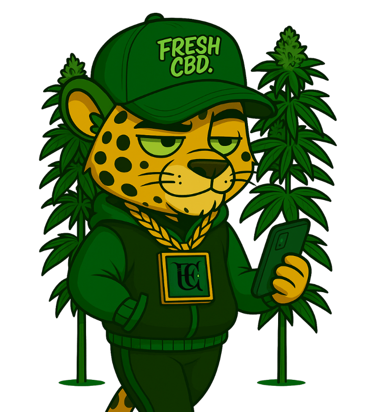 Leopardo Fresh CBD rodeado de plantas de CBD con gorra y sudadera verde
