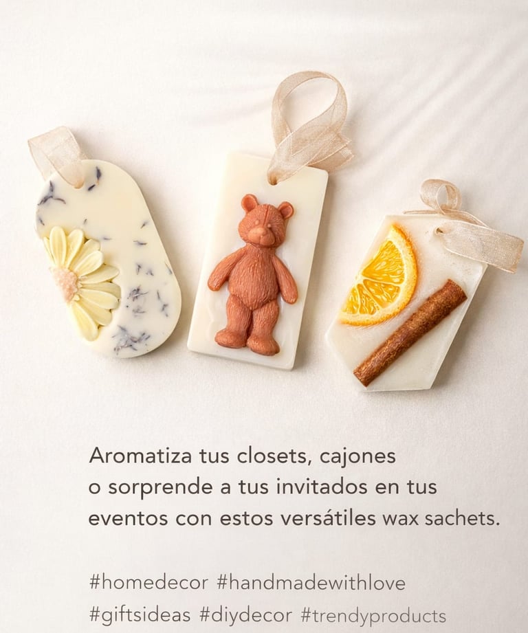 Handmade aromatic wax sachets featuring dried flowers, a teddy bear, and cinnamon for home decor.