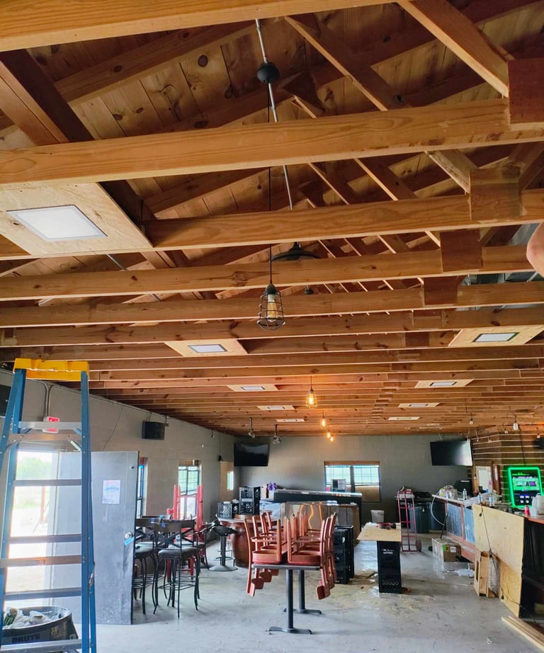 A restaurant remodel in Early Tx with exposed rafters being shown