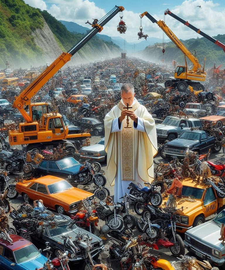 a priest in a white robe standing in a large amount of cars