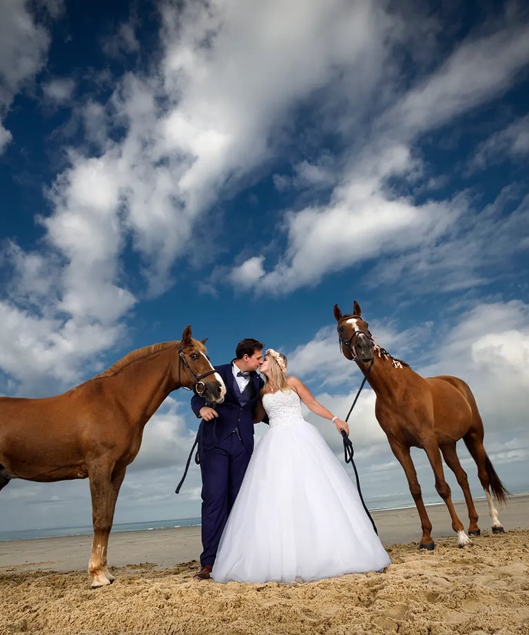 after day a bride and groom standing on the beach