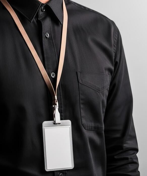 man wearing a lanyard holding an ID card