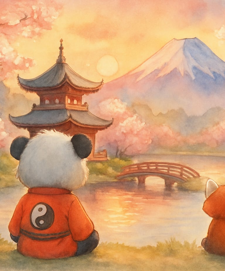 Children’s picture book image of panda looking out at zen buddhist temple and lake