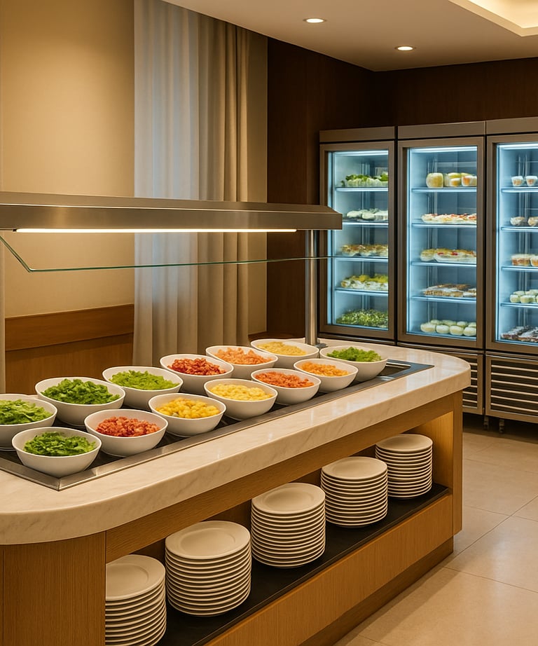 a buffet with a variety of food and drinks
