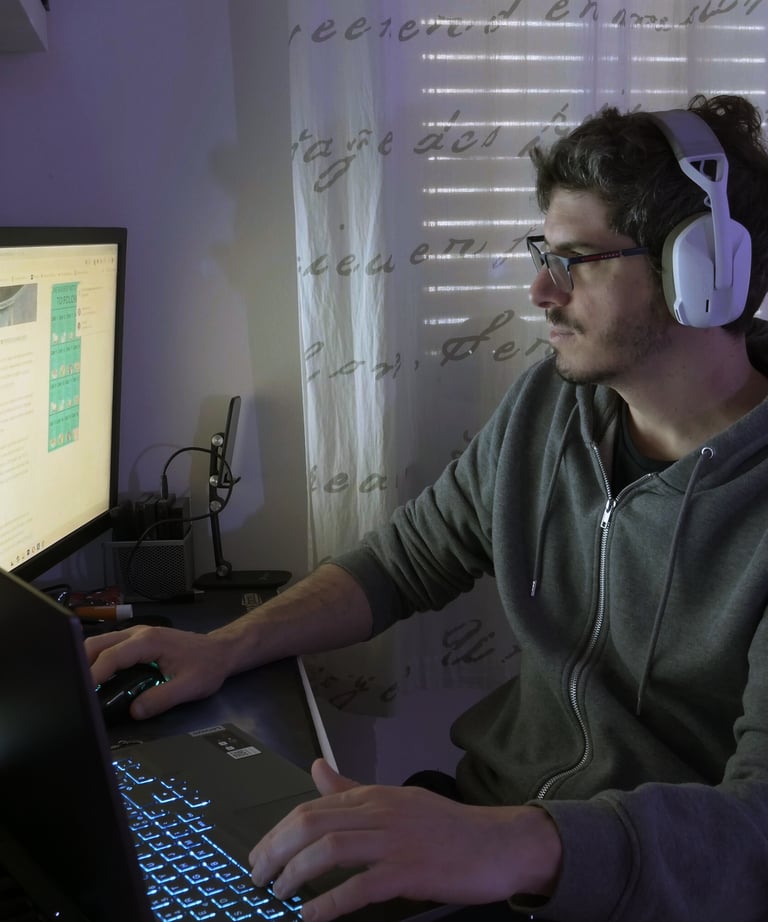 a man wearing headphones and headphones, sitting at a desk with a laptop