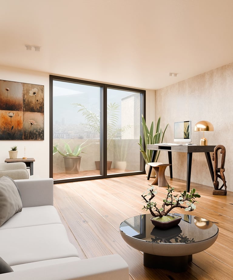 3D render of contemporary living room with wooden flooring