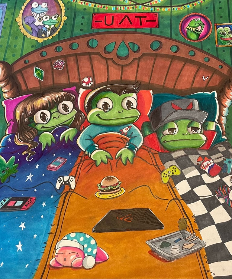 commission custom art piece of college friends in bed together hanging out