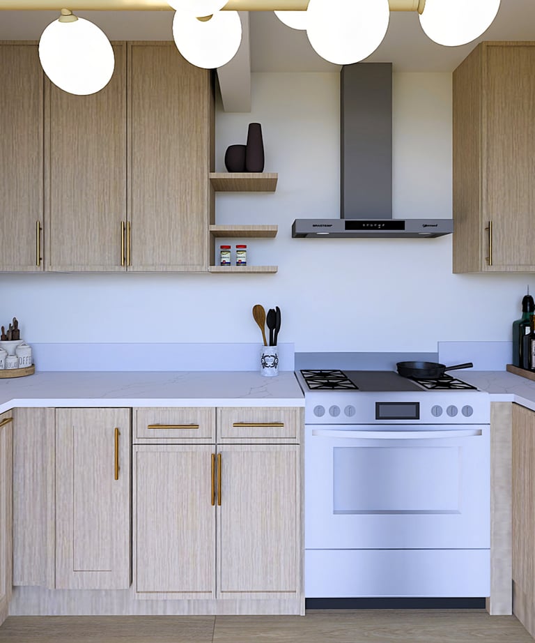 a kitchen with a stove top oven and a white counter top