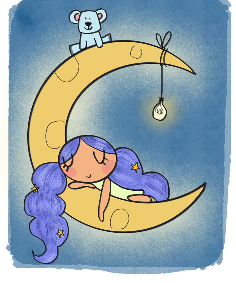 a cartoon character sleeping on a crescent shaped moon. By Diane Mulolo Faida