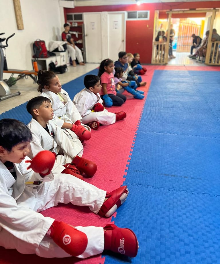niños sentados en tatami en el dojo de karate viendo hacia el centro esperando entrenar 