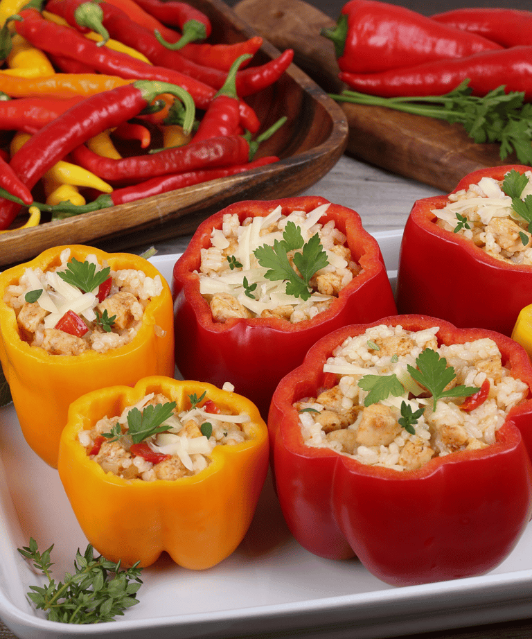 recette poivrons farcis, riz, poulet