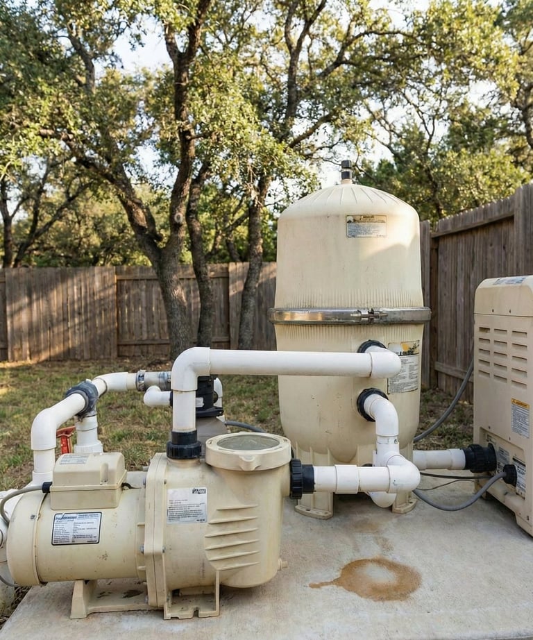 Pool equipment in Central Texas with pump and filter issues.