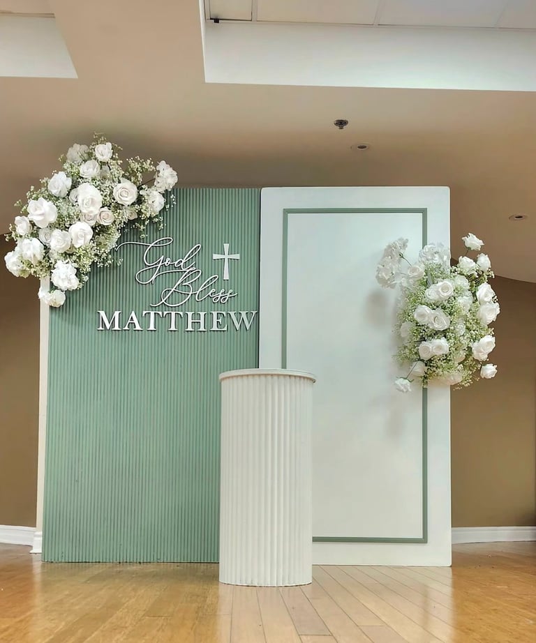 Baptism Backdrop in Olive with a custom made God bless sign