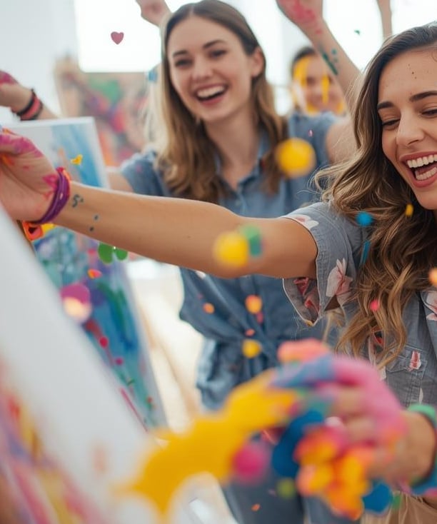 group of people splashing paint in studio