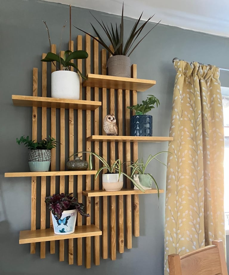 a wooden wall art shelf with plants
