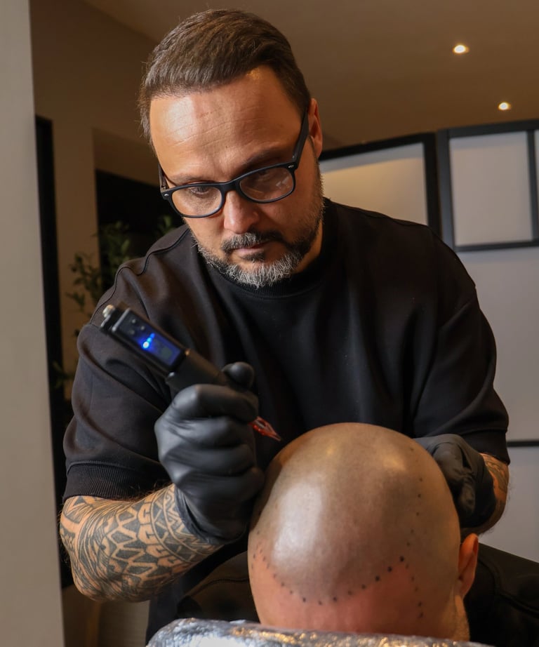 expert en micropigmentation capillaire qui réalise la tricoigmentation sur un homme