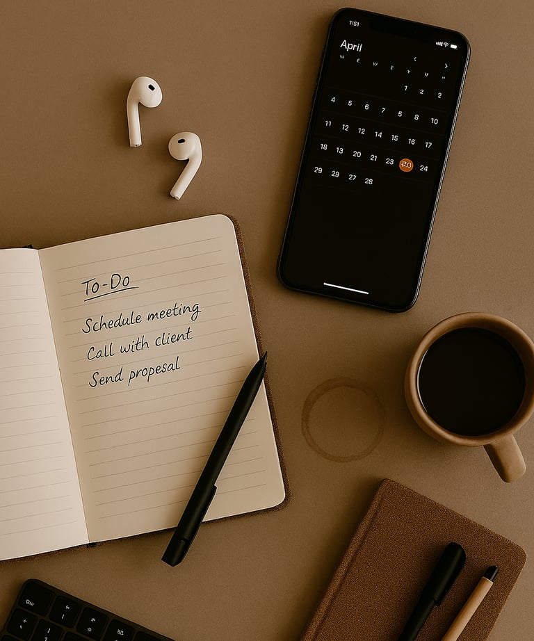 to-do list notebook, smartphone showing a calendar, coffee mug, earbuds, and writing tools arranged