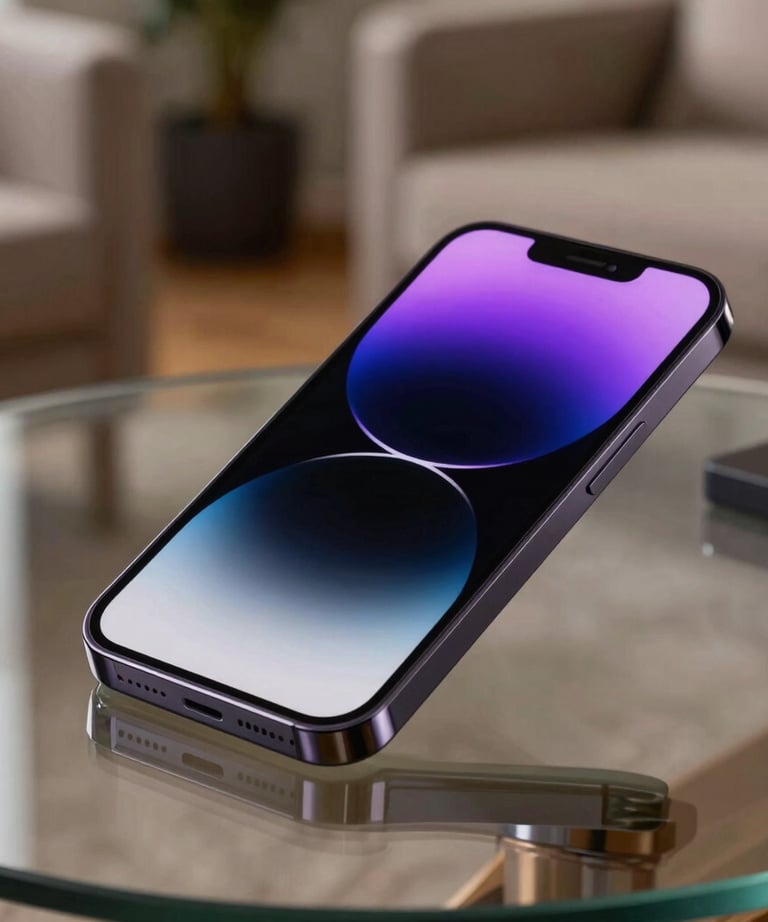 High-end product photography of a sleek, dark metallic smartphone showing an abstract purple screen, set on a glass table in a North American lounge.